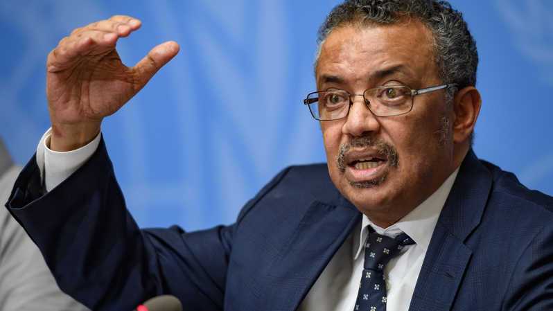 World Health Organization (WHO) Director-General Tedros Adhanom Ghebreyesus gestures during a press briefing on evolution of new coronavirus epidemic on January 29, 2020 in Geneva. (Photo by FABRICE COFFRINI / AFP)
