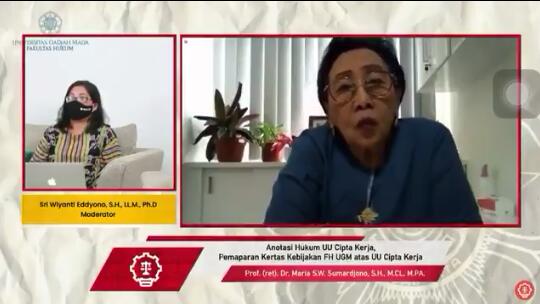 cuplikan video Prof. Maria SW Sumardjono dalam acara Pemaparan Kertas Kebijakan FH UGM atas UU Cipta Kerja