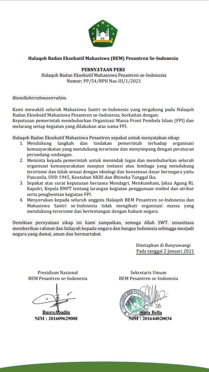 BEM Pesantren Se-Indonesia Dukung Langkah Pemerintah Soal Pembubaran FPI