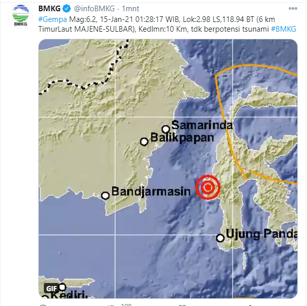 Kembali Gempa Guncang di Majene Dengan Magnitudo 6,2