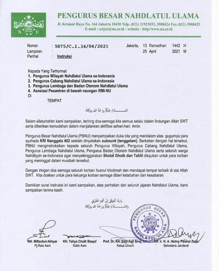 PBNU Keluarkan Surat Instruksi Salat Gaib dan Tahlil Bersama untuk Para Prajurit KRI Nanggala 402