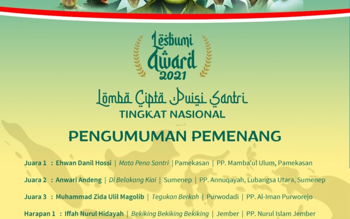 LESBUMI PCNU Jember Umumkan Pemenang Sayembara Cipta Puisi Santri Nasional 2021