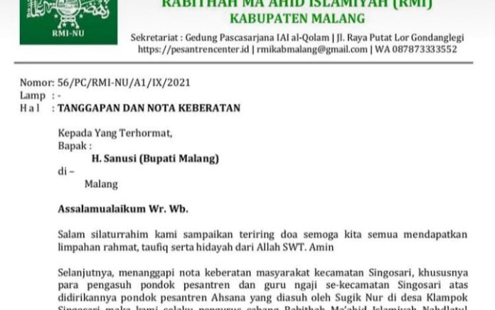 PC-RMI Kabupaten Malang: Rencana Pendirian Pesantren Asuhan Sugik Nur Nyata Meresahkan Masyarakat