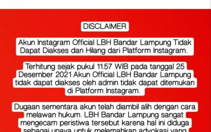 Akun Instagram LBH Bandar Lampung Diduga Diretas