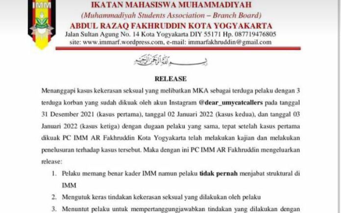 IMM Yogyakarta Mengutuk Keras Kadernya yang Diduga Menjadi Pelaku Pemerkosaan