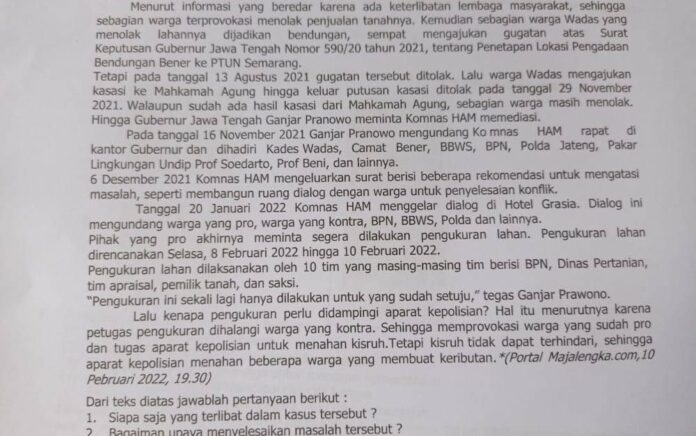 Konflik Wadas Menyimpang, Ditemukan di Soal Ujian SMP