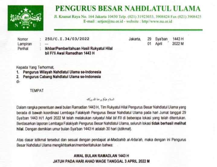 Awal Ramadhan 2022, NU Jatuh Pada Ahad 03 April