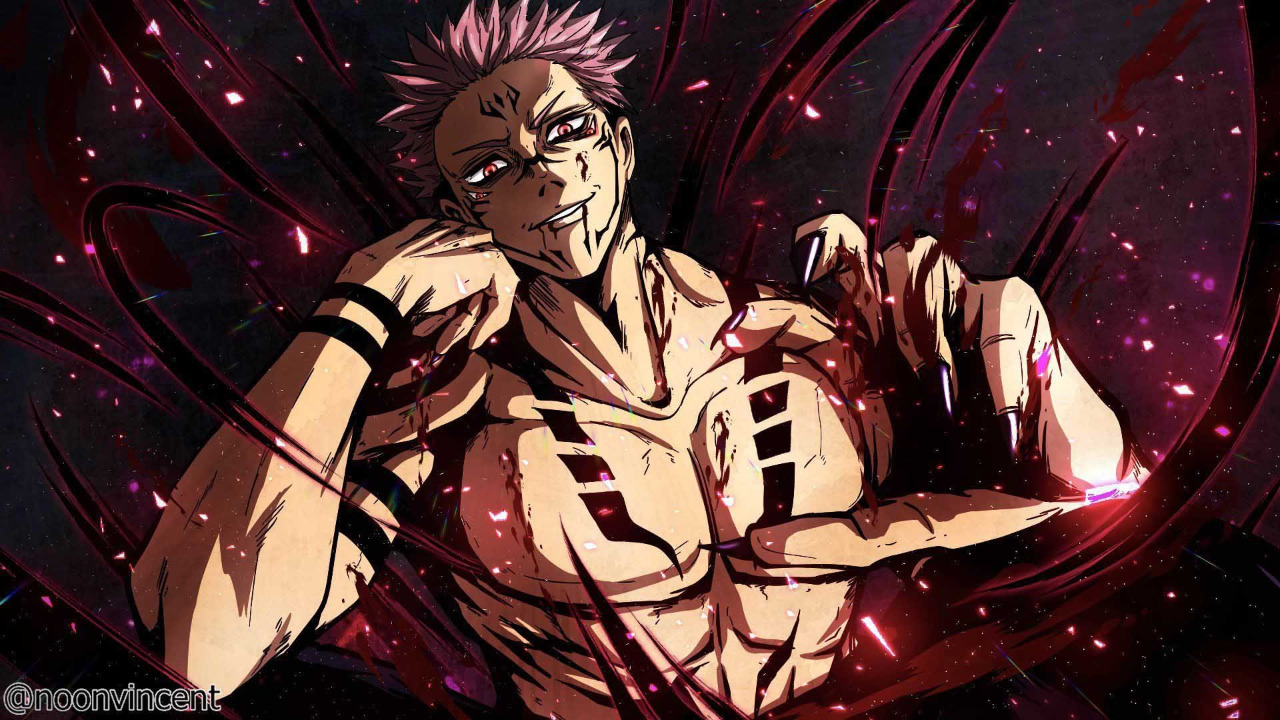  The image shows a shirtless man with pink hair and red markings on his body, surrounded by a dark background with red energy. The man is smiling with his eyes closed.