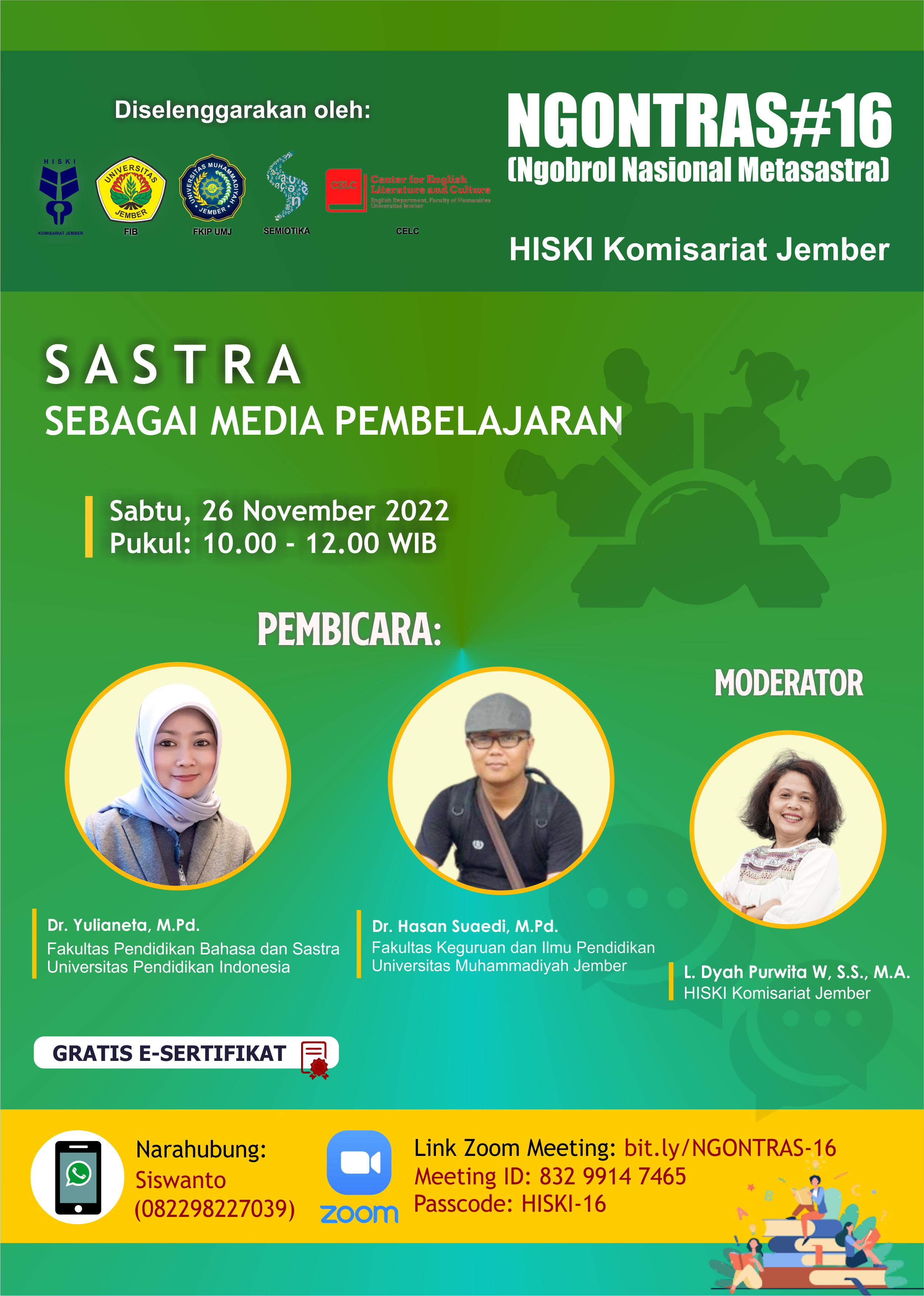 Webinar NGONTRAS#16 HISKI Jember, Diskusikan Persoalan Sastra sebagai Media Pembelajaran