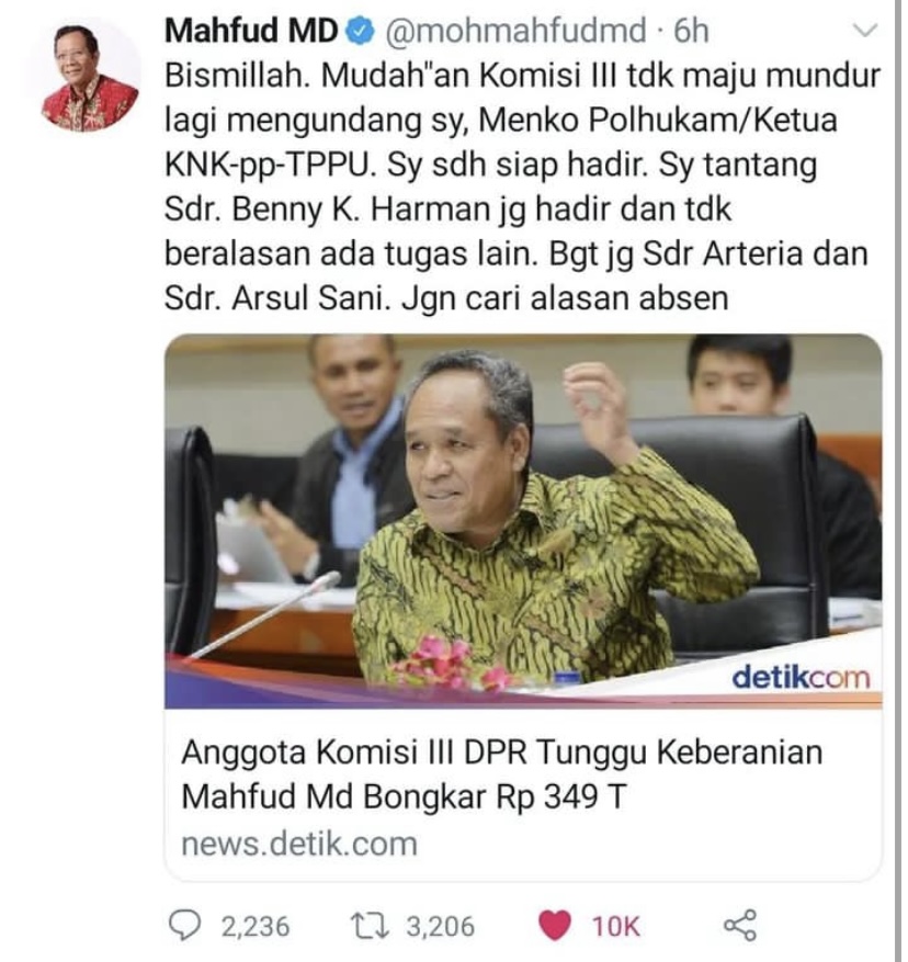 Mahfud MD Tantang Komisi III DPR Bongkar Transaksi Rp 349 Trilliun di Kemenkeu