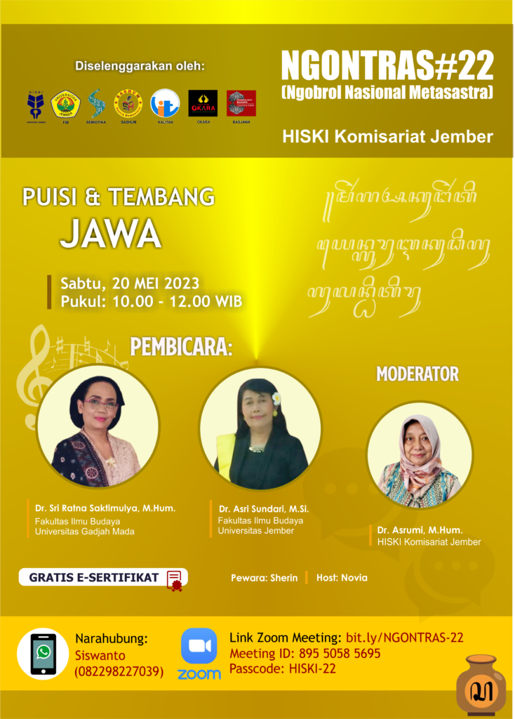 Undang Pakar dari UGM dan UNEJ, HISKI Jember Siapkan Webinar Bahas Puisi dan Tembang Jawa