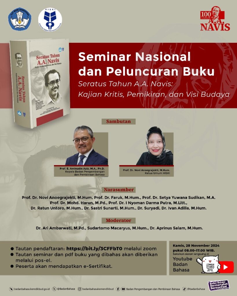 Seabad A.A. Navis: Badan Bahasa Bekerja Sama dengan HISKI Luncurkan Buku Seratus Tahun AA. Navis: Kajian Kritis, Pemikiran, dan Visi Budaya